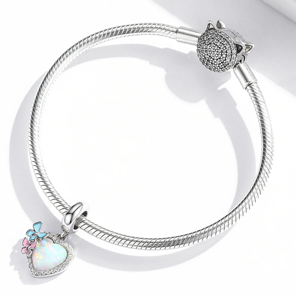 PANDORA Style Opal Heart Butterfly Dangle Charm - SCC2101