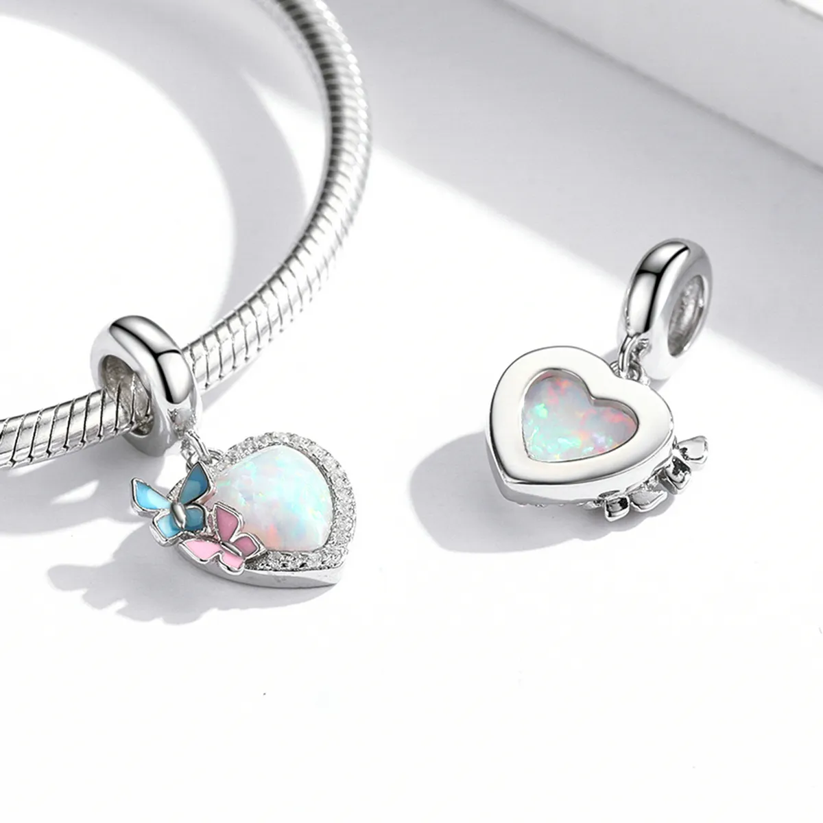 PANDORA Style Opal Heart Butterfly Dangle Charm - SCC2101