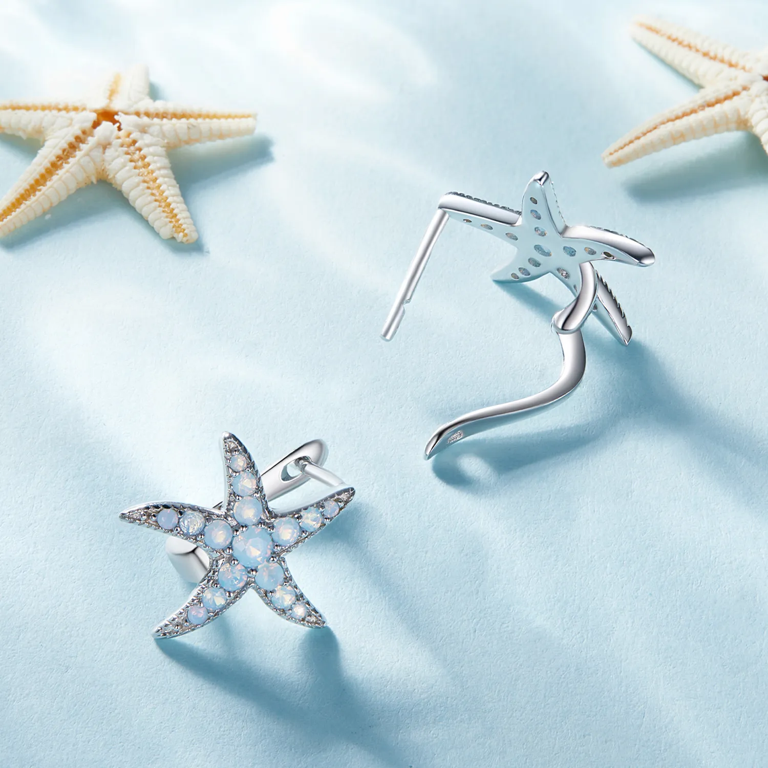 Pandora style hoops earrings featuring a starfish design - BSE840