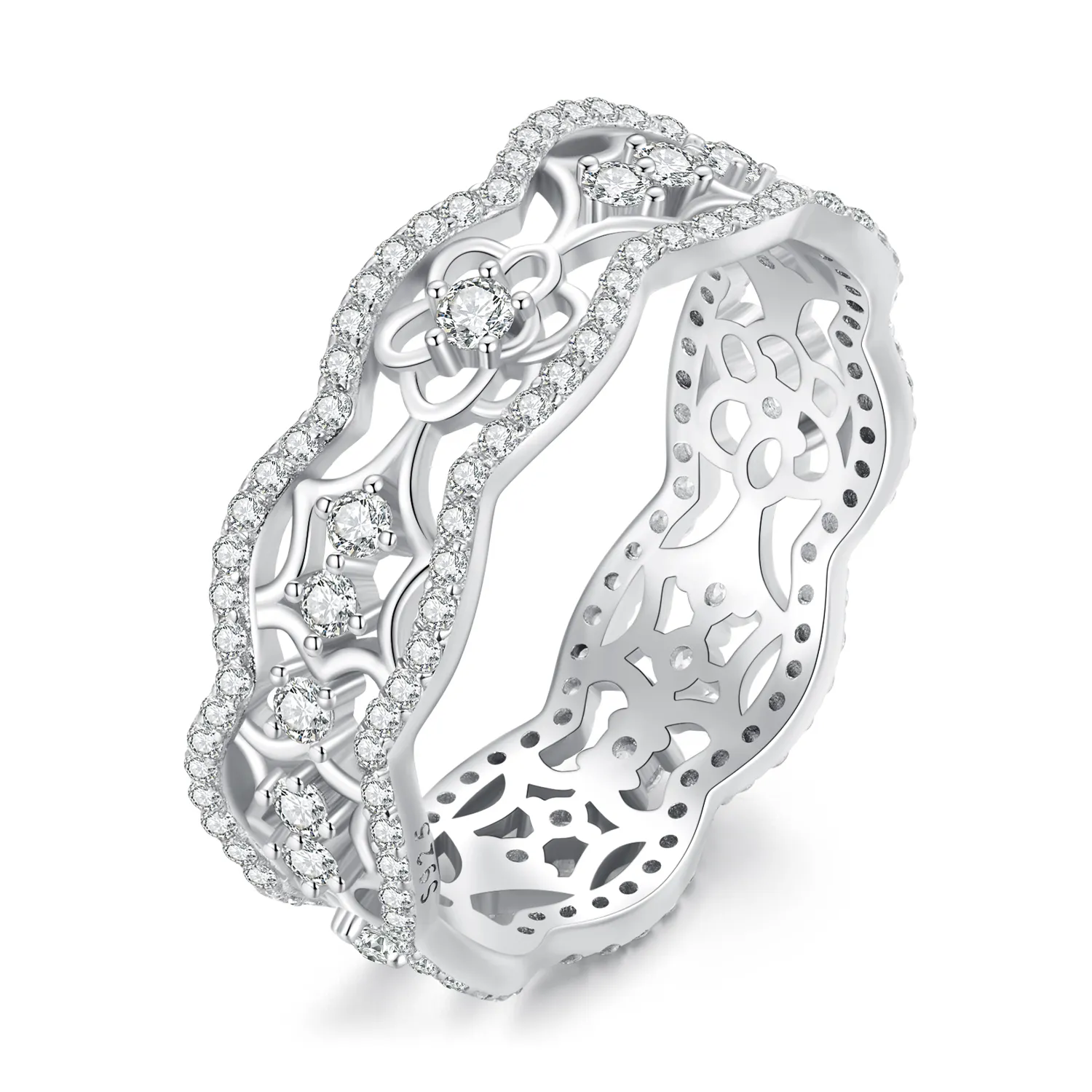 Pandora Style Zircon Camellia Lace Flower Cutout Ring - BSR428