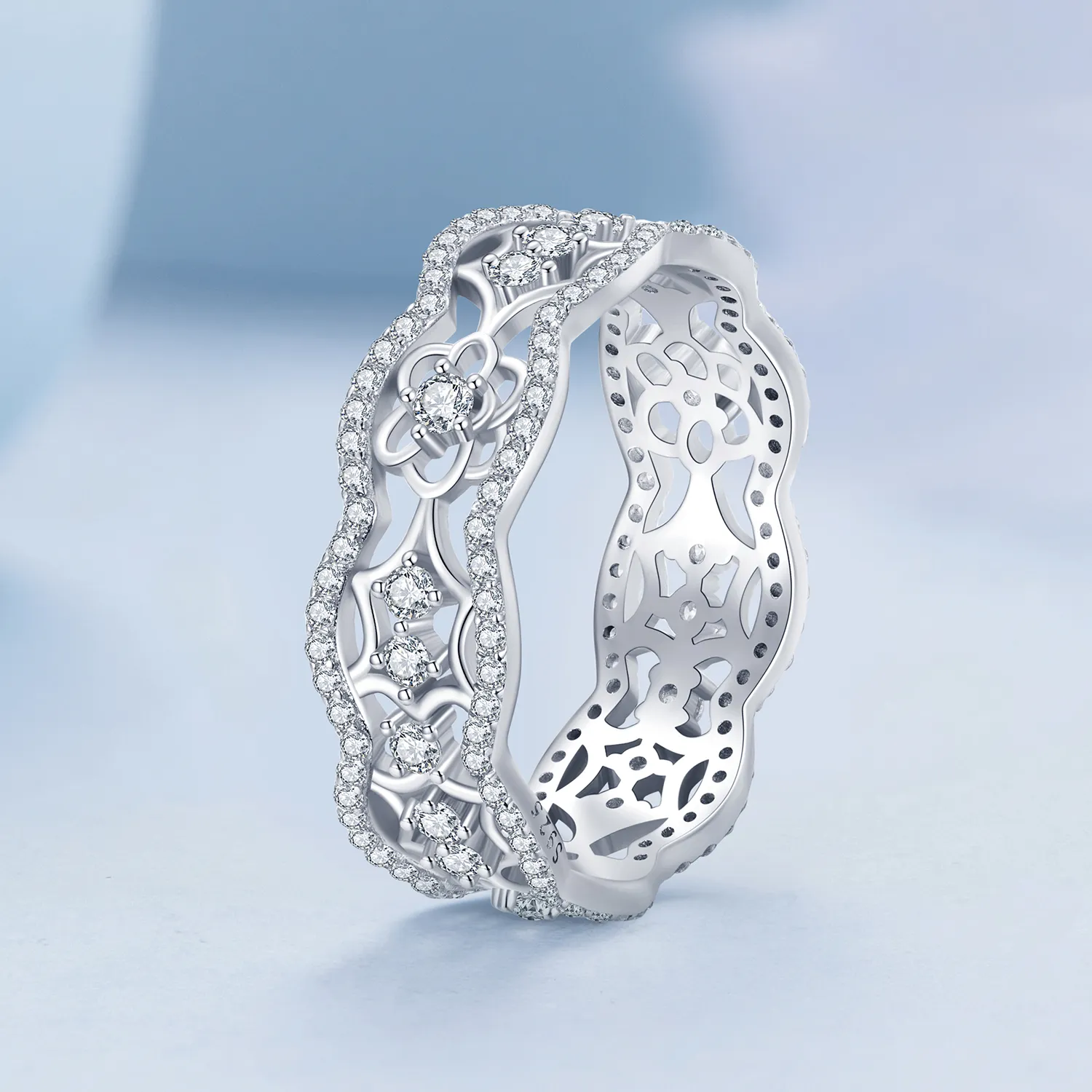 Pandora Style Zircon Camellia Lace Flower Cutout Ring - BSR428