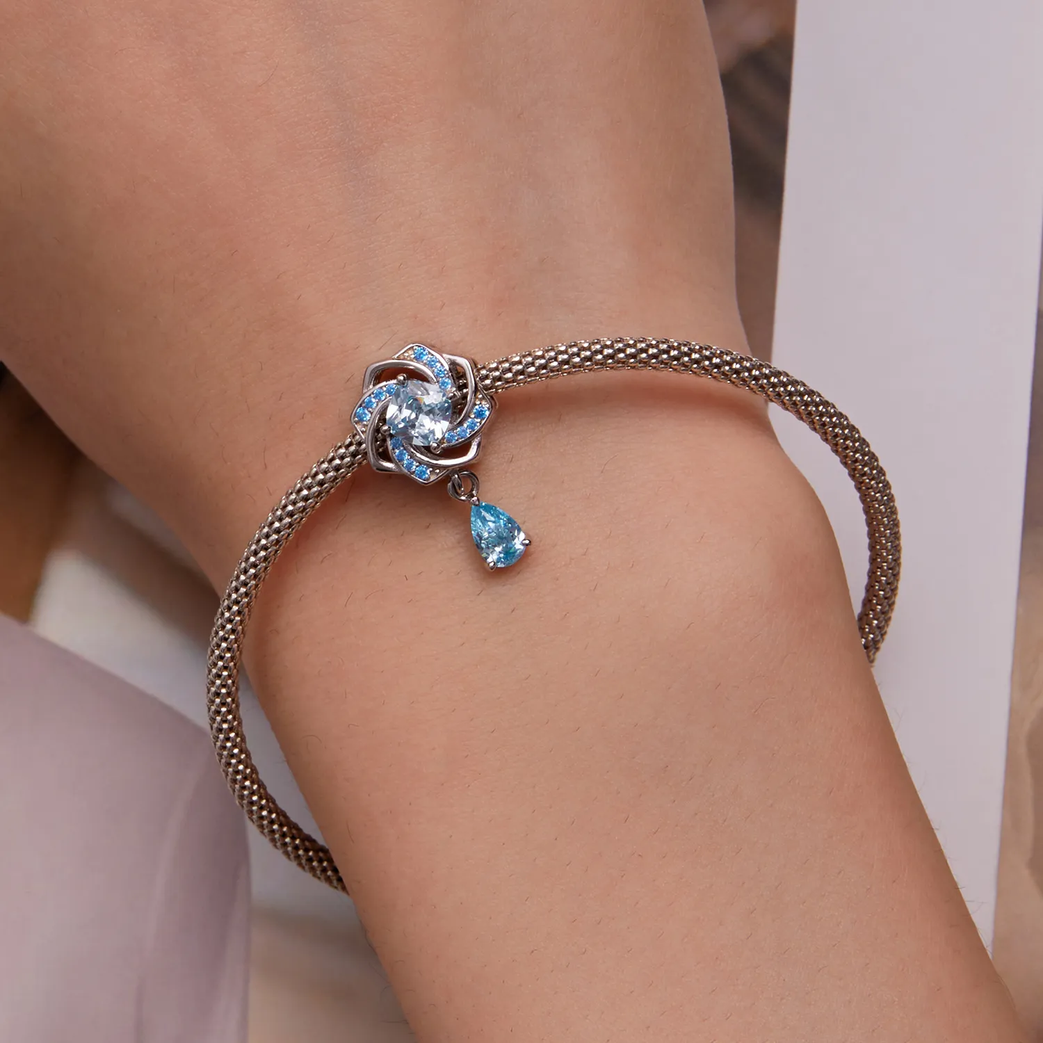 Pandora Style Blue Flower with Drop Charm - BSC751