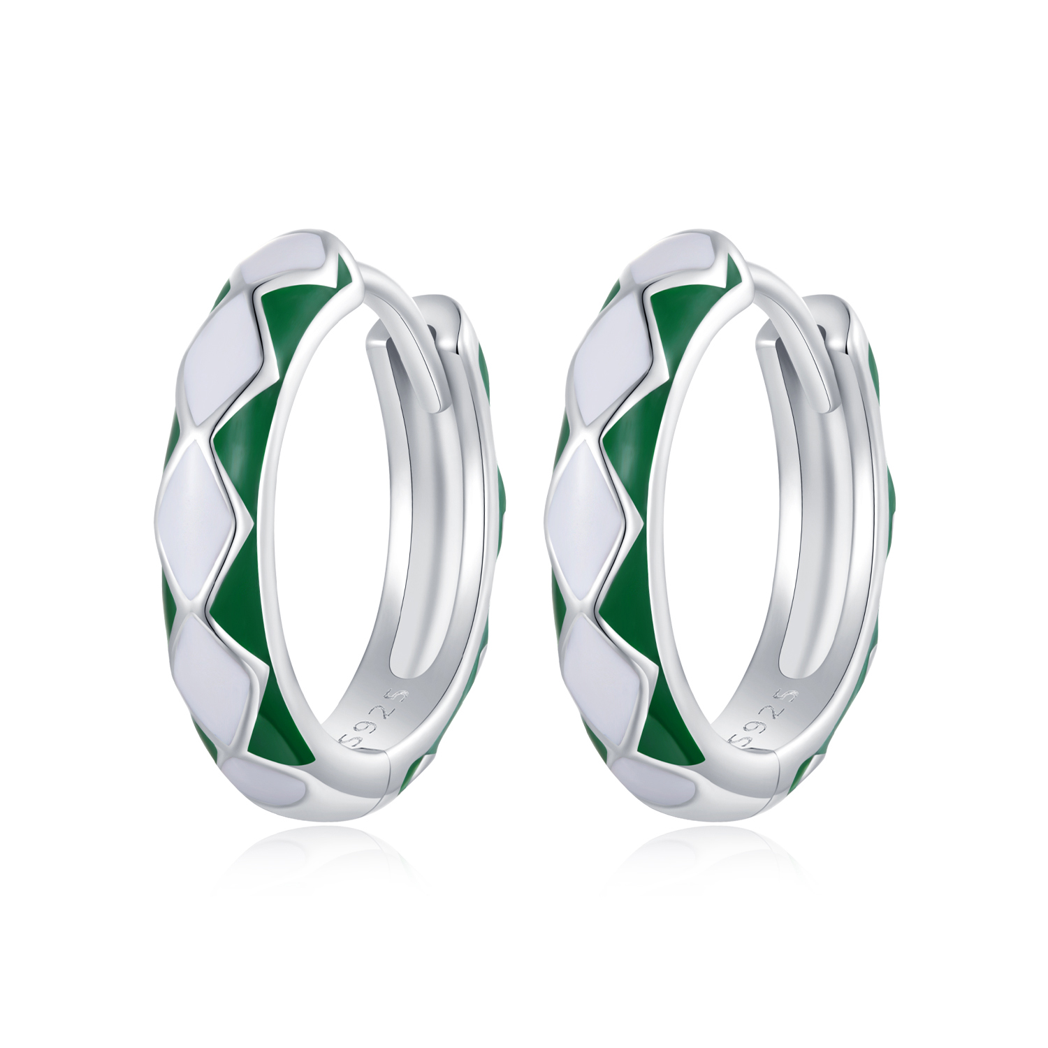 pandora style green and white diamond pattern hoop earrings sce1611 gn