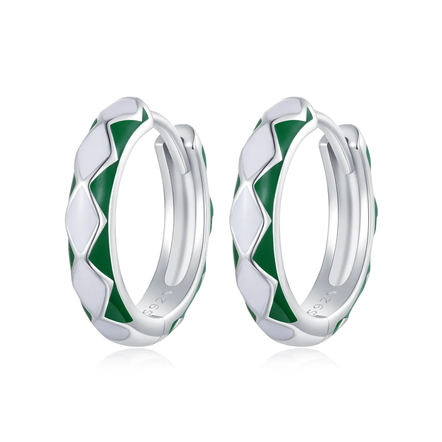 Pandora Style Green and white diamond pattern Hoop Earrings - SCE1611-GN