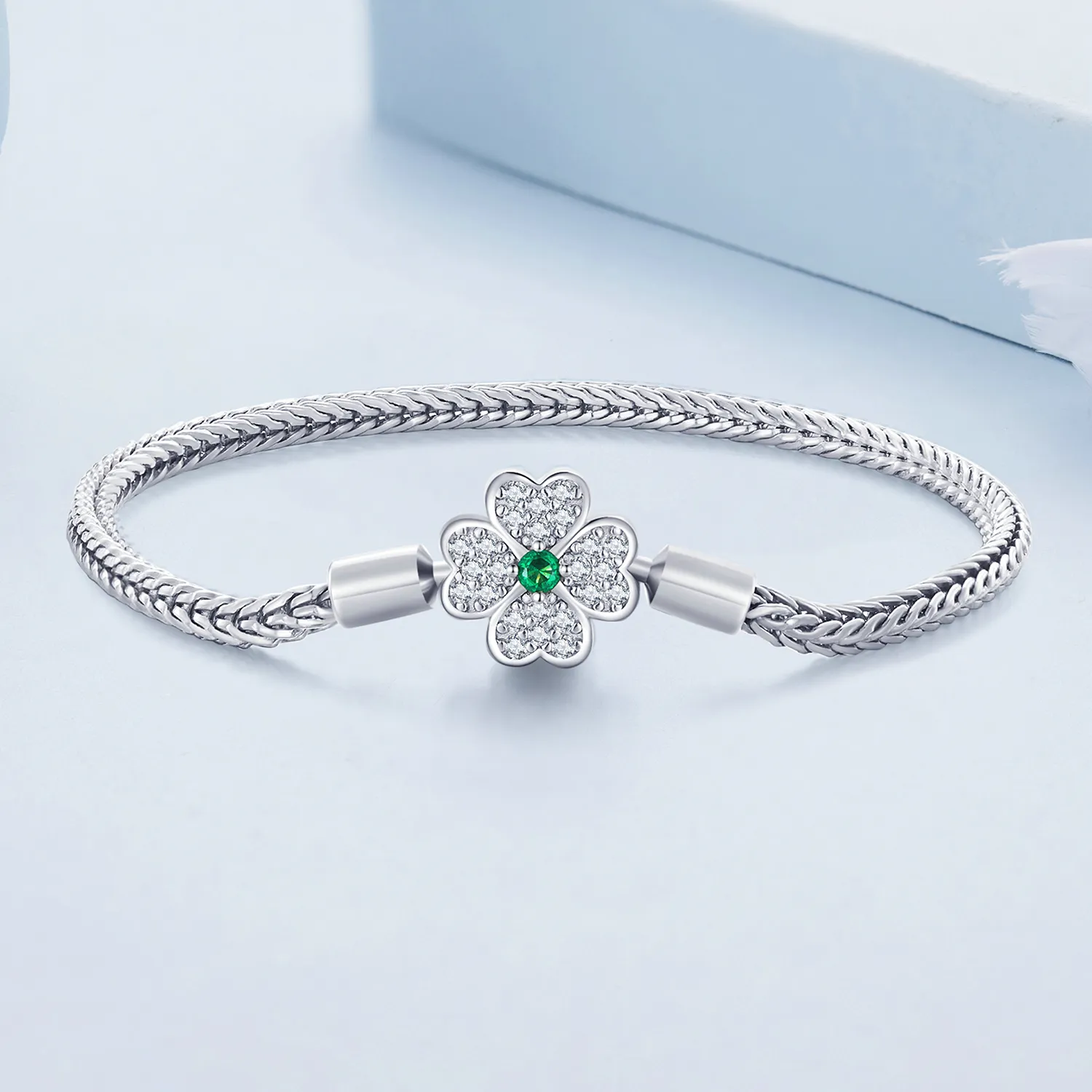 Pandora Style Green Zircon Lucky Four Leaf Clover Chain Bracelet - BSB119