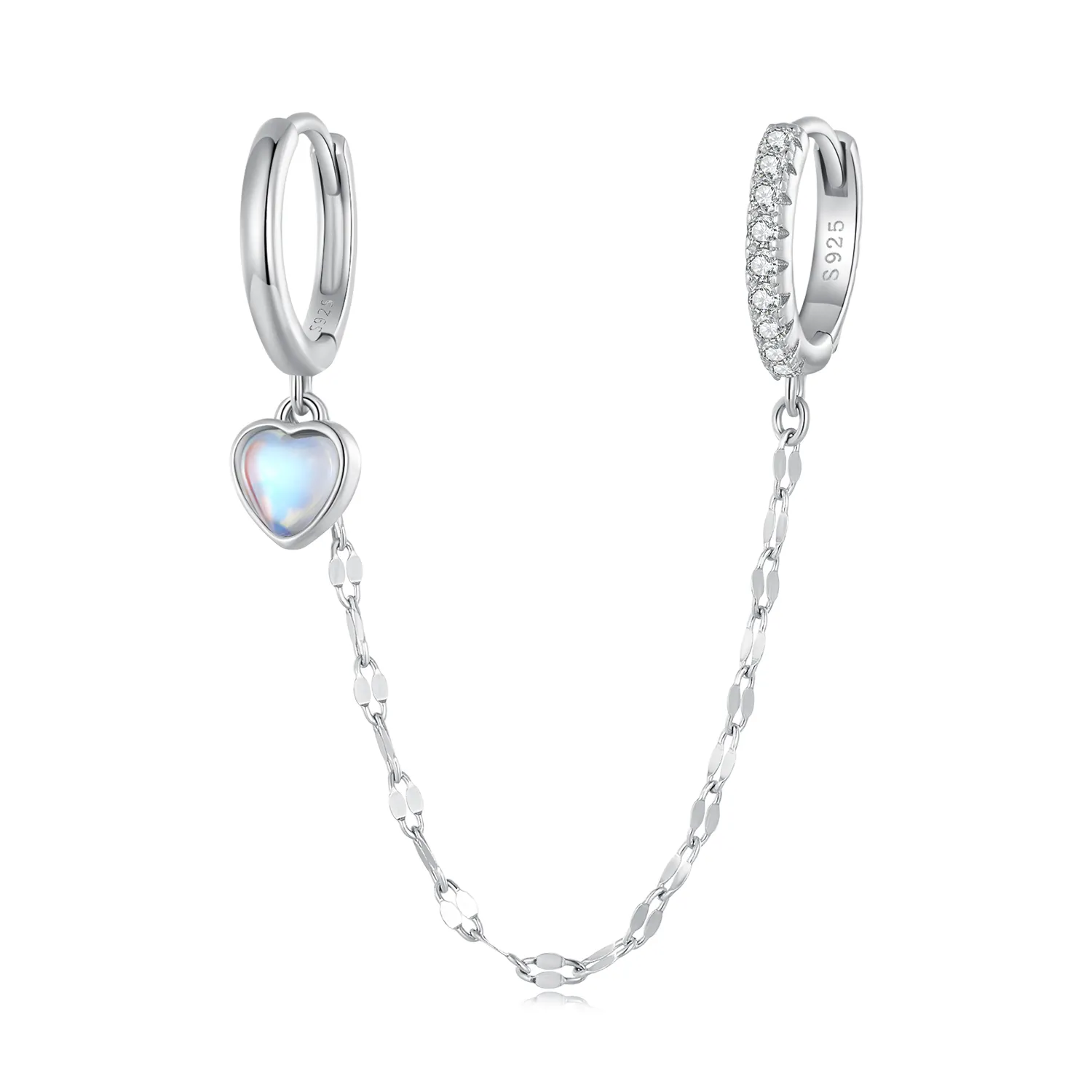 Pandora Style Heart Shaped Moonstone Chain Double Hoop Earrings - BSE809