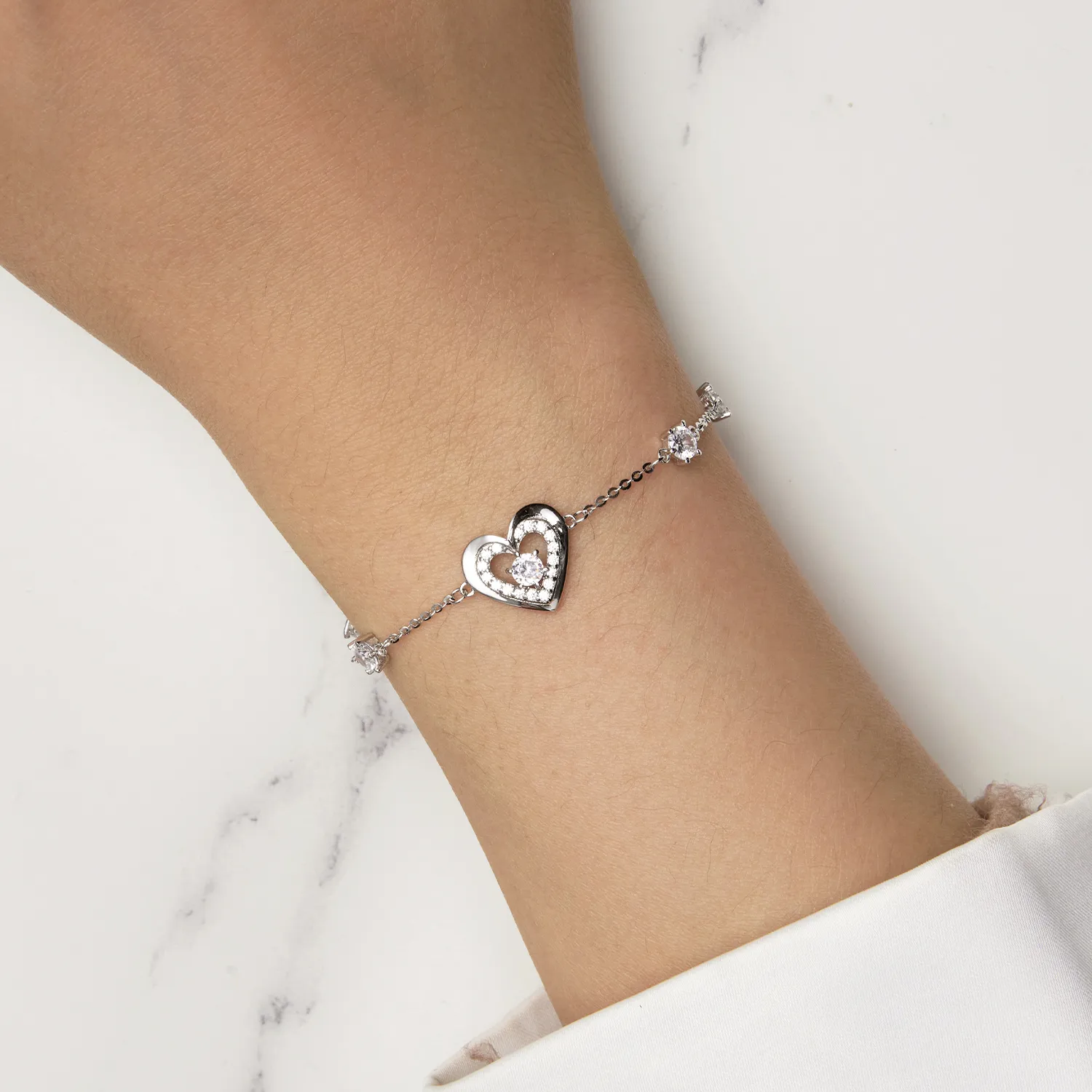 Pandora Style Shining Double Heart Chain Bracelet - BSB136