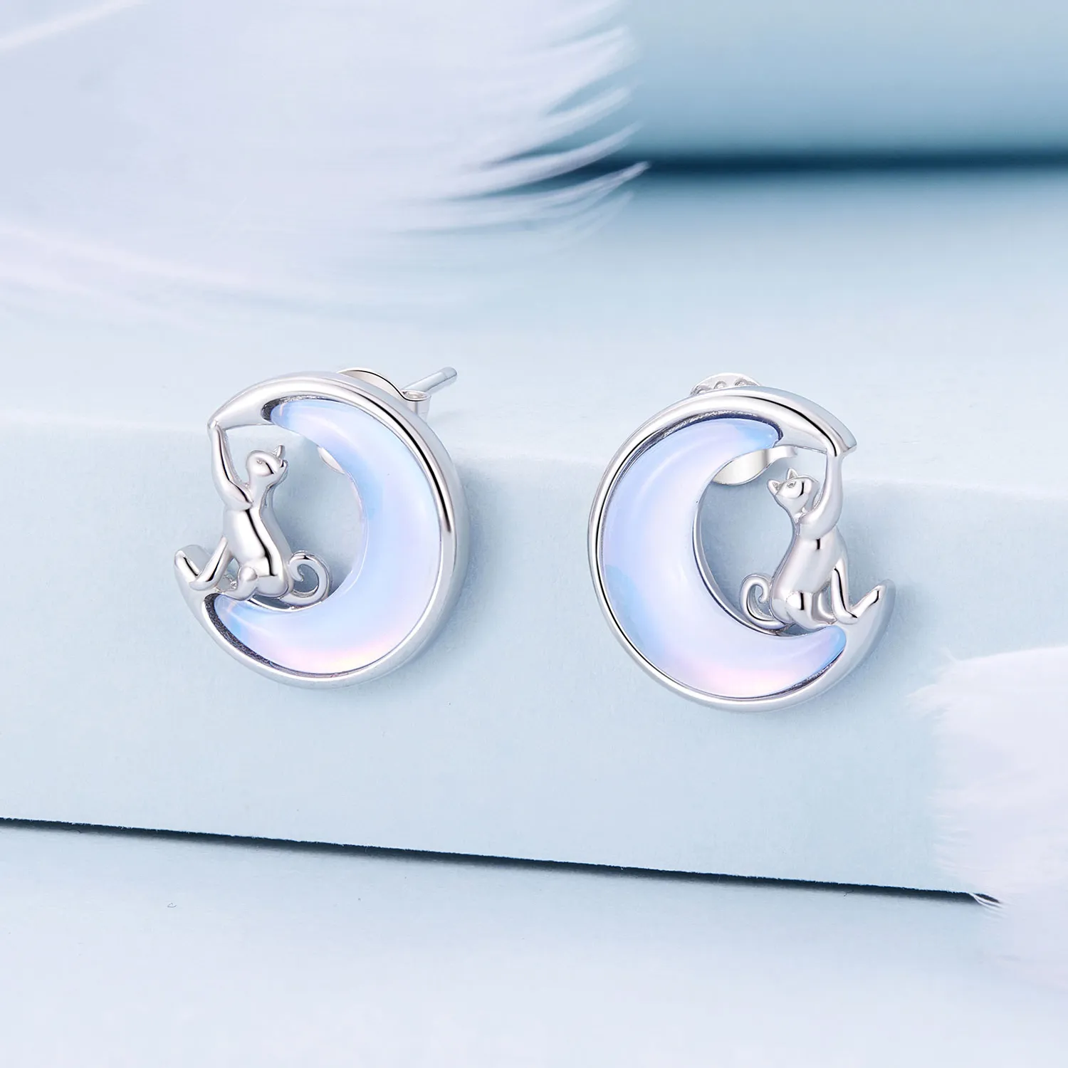 Pandora-style Moon Cat Studs Earrings - BSE913