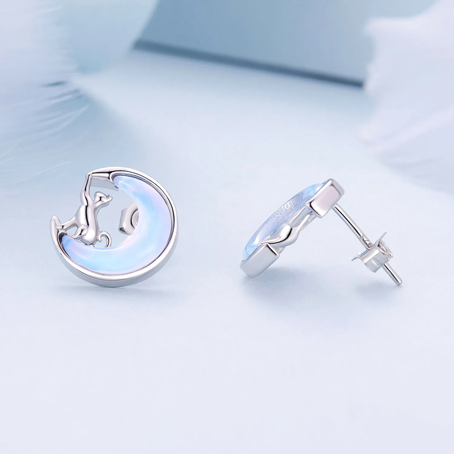 Pandora-style Moon Cat Studs Earrings - BSE913