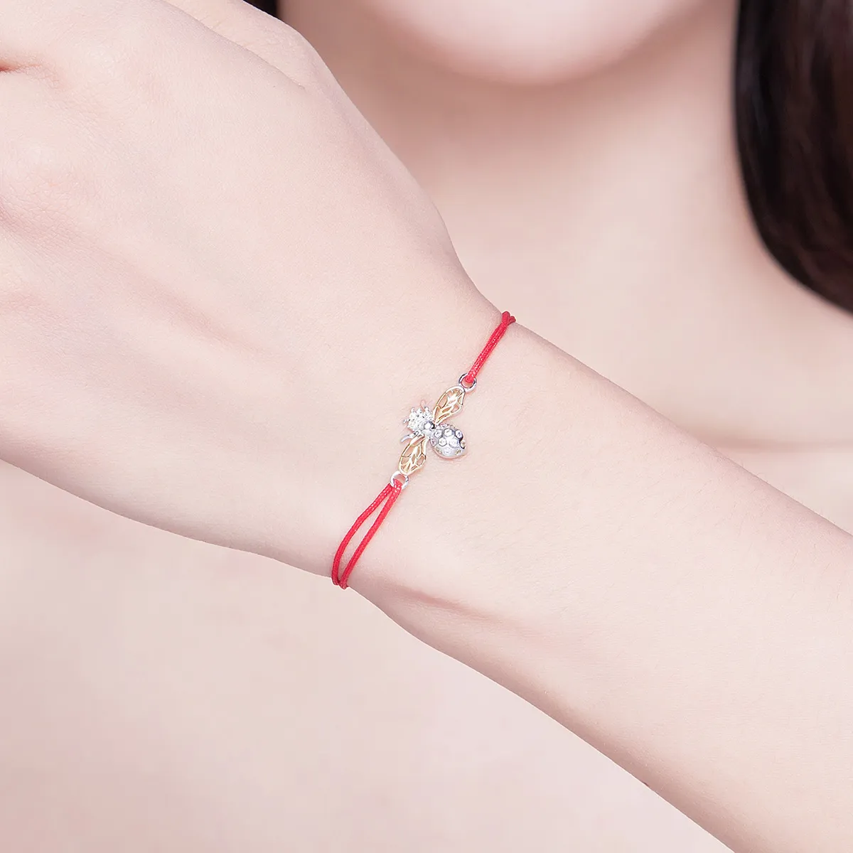 Red Rope with Silver & Gold-Plated Bee Bracelet - PANDORA Style - SCB156