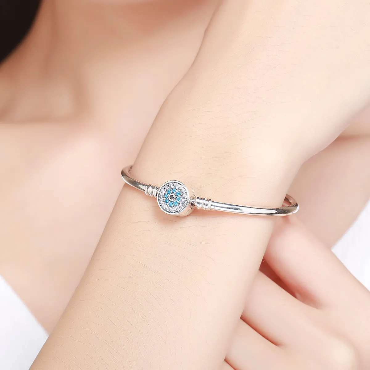 Silver Cubic Zirconia Guardian Eye Bangle - PANDORA Style - SCB012