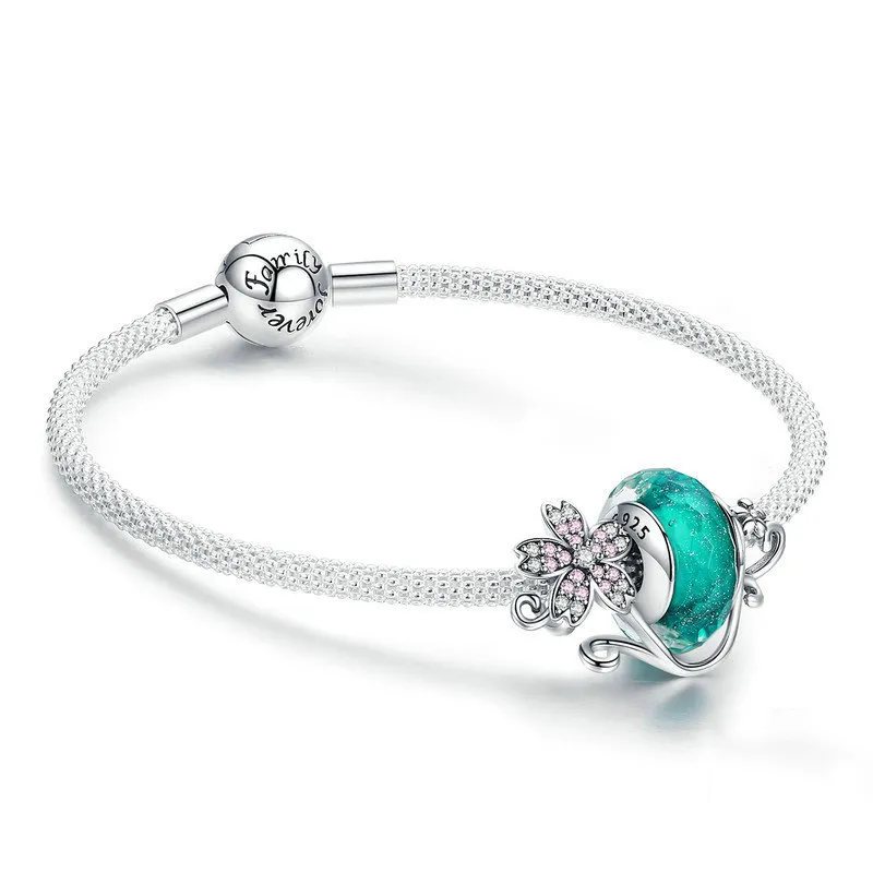 Silver Green Glass Bead and Sakura Mesh Bracelet - PANDORA Style - SCB822