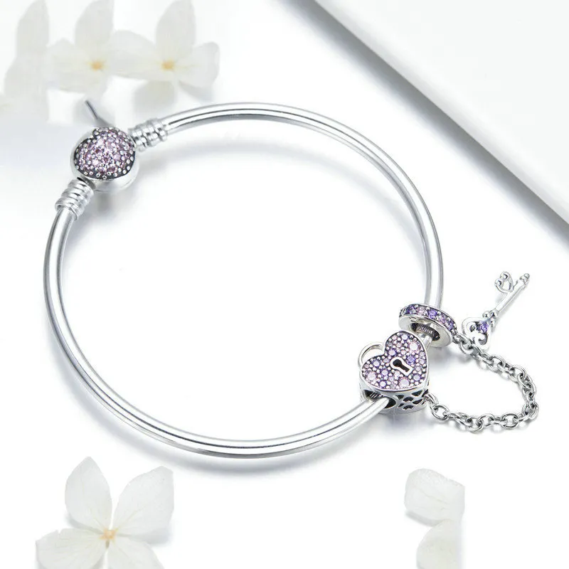 Silver Pink Key and Pave Heart Lock Bangle - PANDORA Style - SCB820