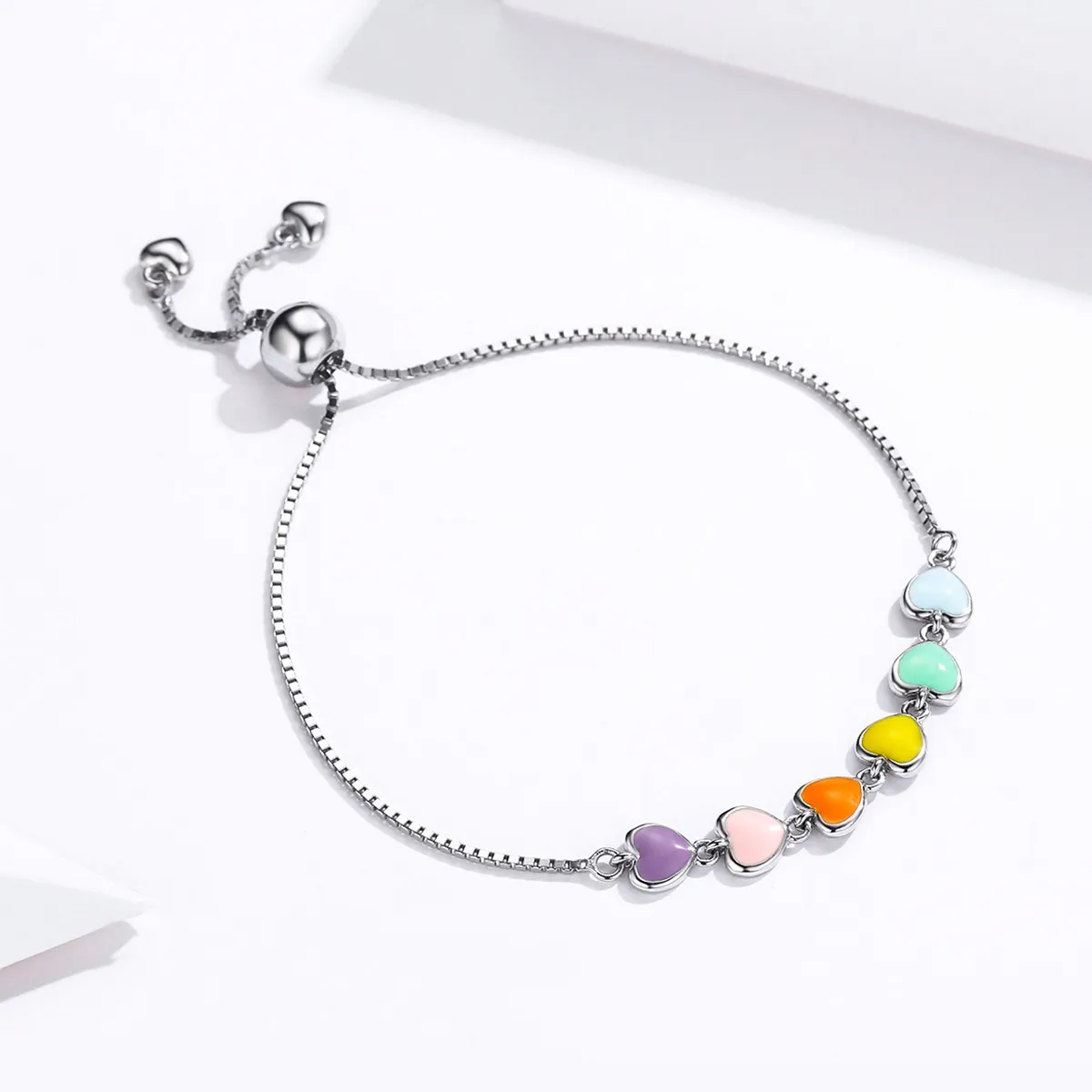 Silver Rainbow Hearts Chain Slider Bracelet - PANDORA Style - SCB158