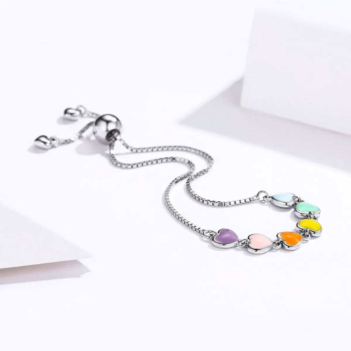 Silver Rainbow Hearts Chain Slider Bracelet - PANDORA Style - SCB158