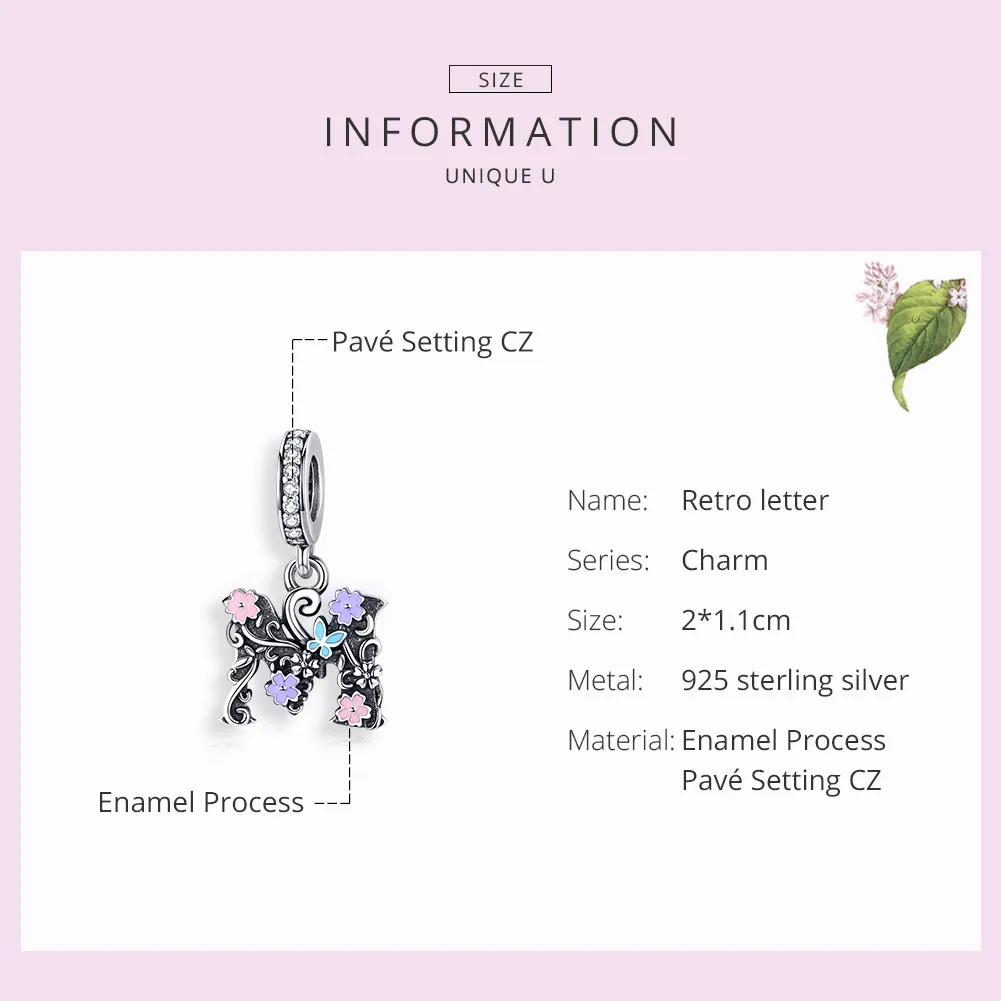 Pandora Compatible Silver Flower Letter M Dangle - SCC1274