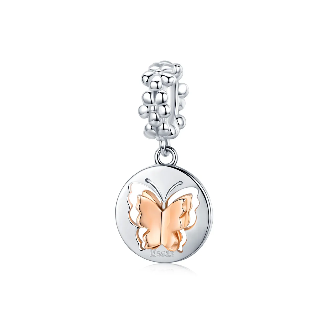 Pandora Compatible Silver & Rose Gold Butterfly Dangle - SCC1250