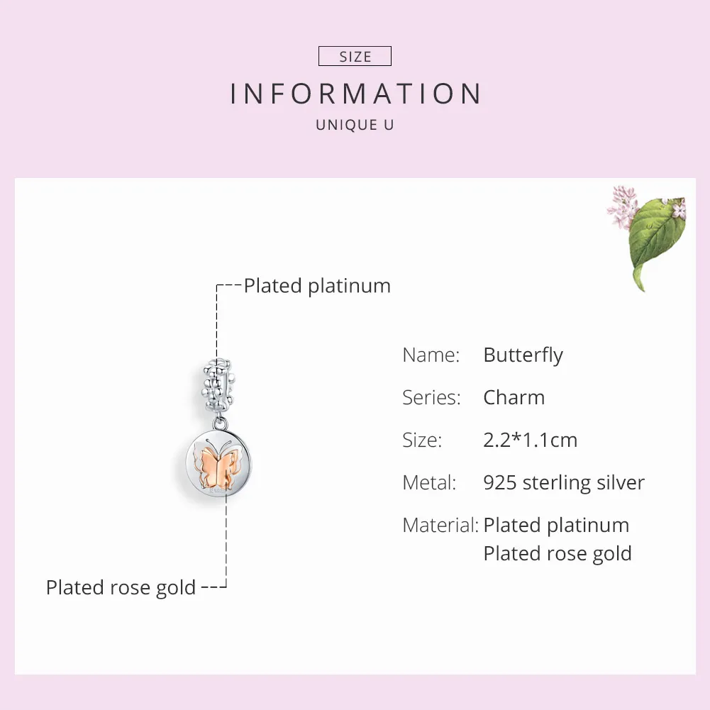 Pandora Compatible Silver & Rose Gold Butterfly Dangle - SCC1250