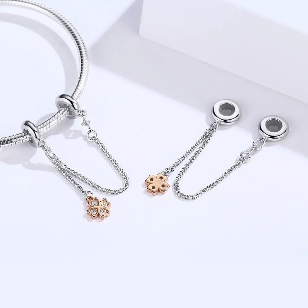 Pandora Compatible Silver & Rose Gold Clover Safety Chain - SCC1261