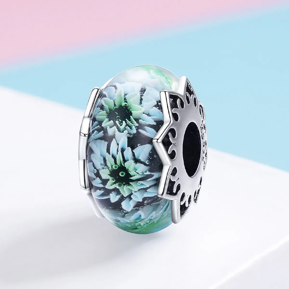 Silver Cyan Chrysanthemum Glass Murano Charm - PANDORA Style - SCC1011