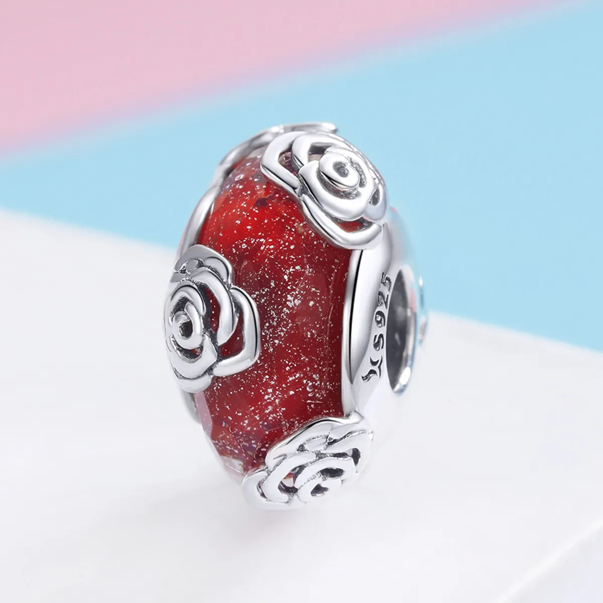 Silver Fragrant Rose Glass Murano Charm - PANDORA Style - SCC1030