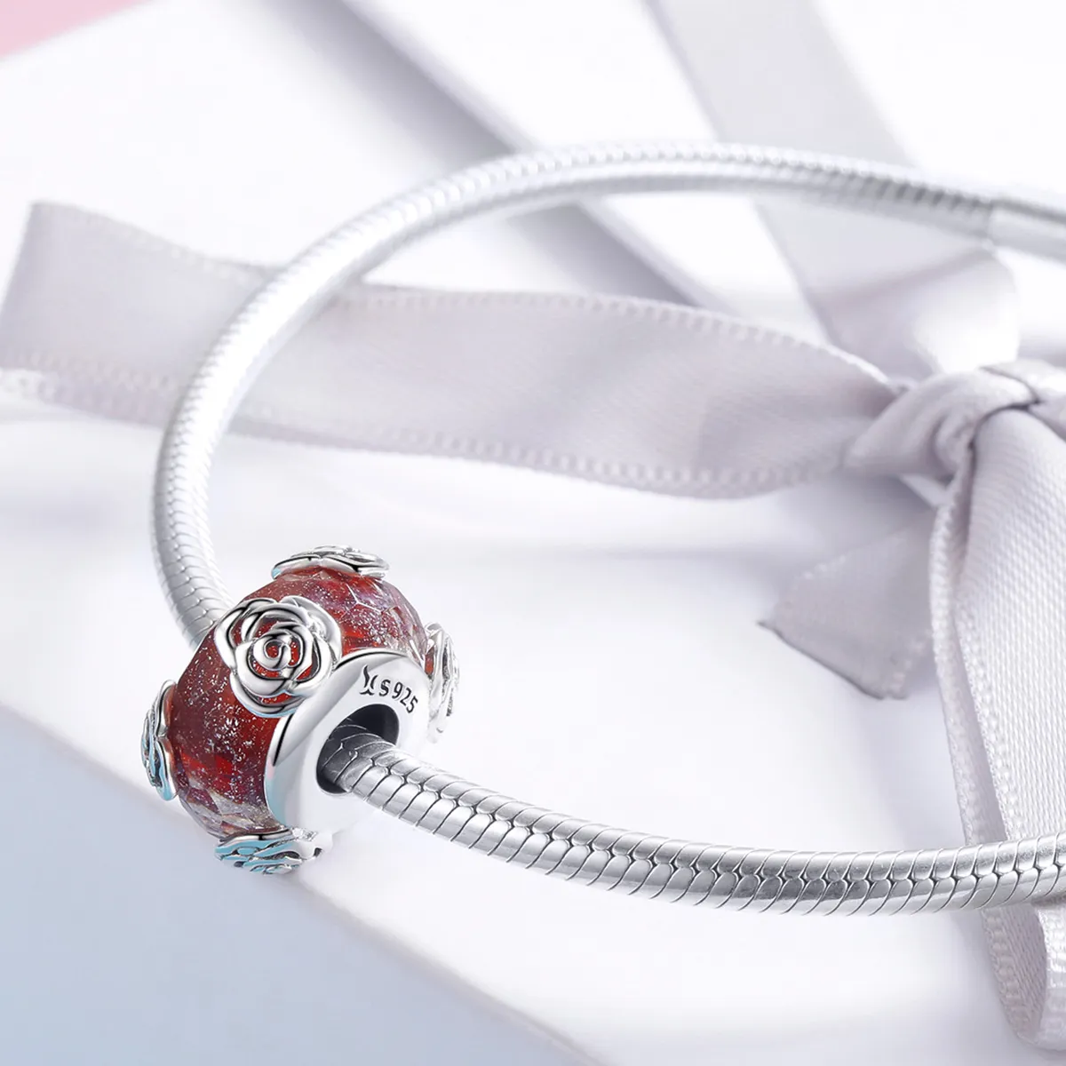 Silver Fragrant Rose Glass Murano Charm - PANDORA Style - SCC1030