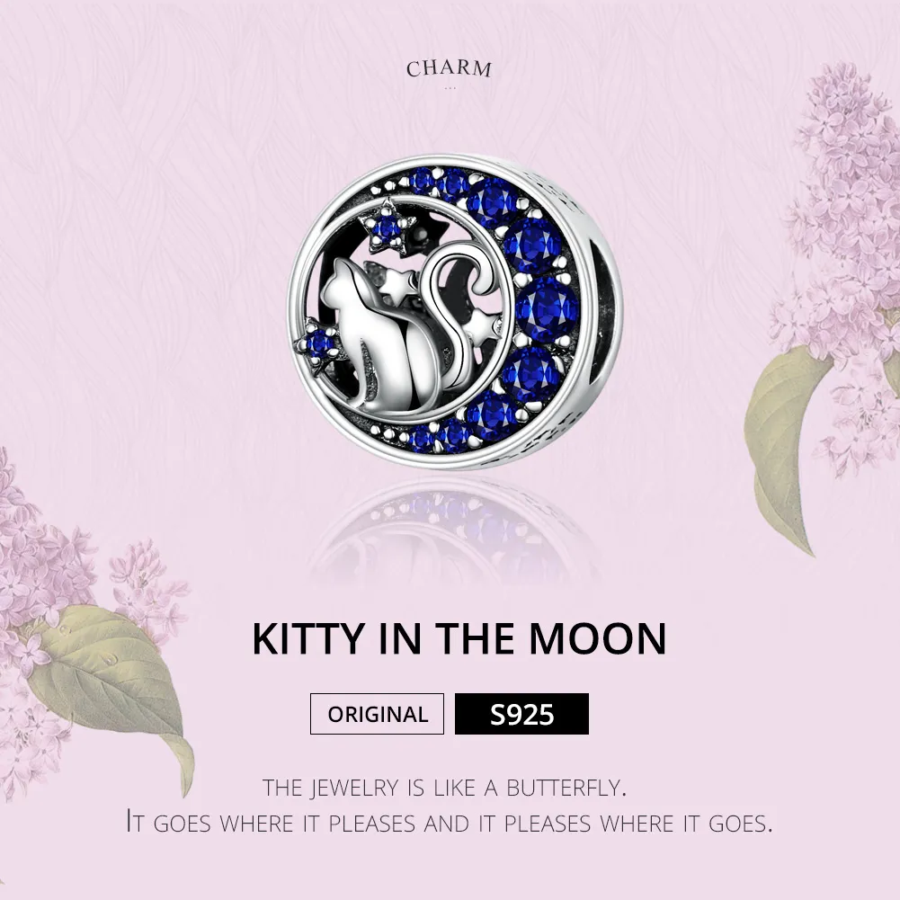 Silver Kitty In The Moon Charm - PANDORA Style - SCC1204