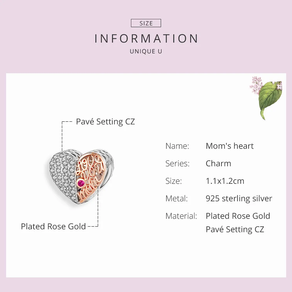 Silver & Rose Gold Mom Heart Charm - PANDORA Style - SCC1173