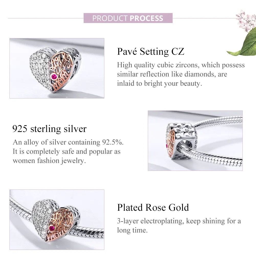 Silver & Rose Gold Mom Heart Charm - PANDORA Style - SCC1173