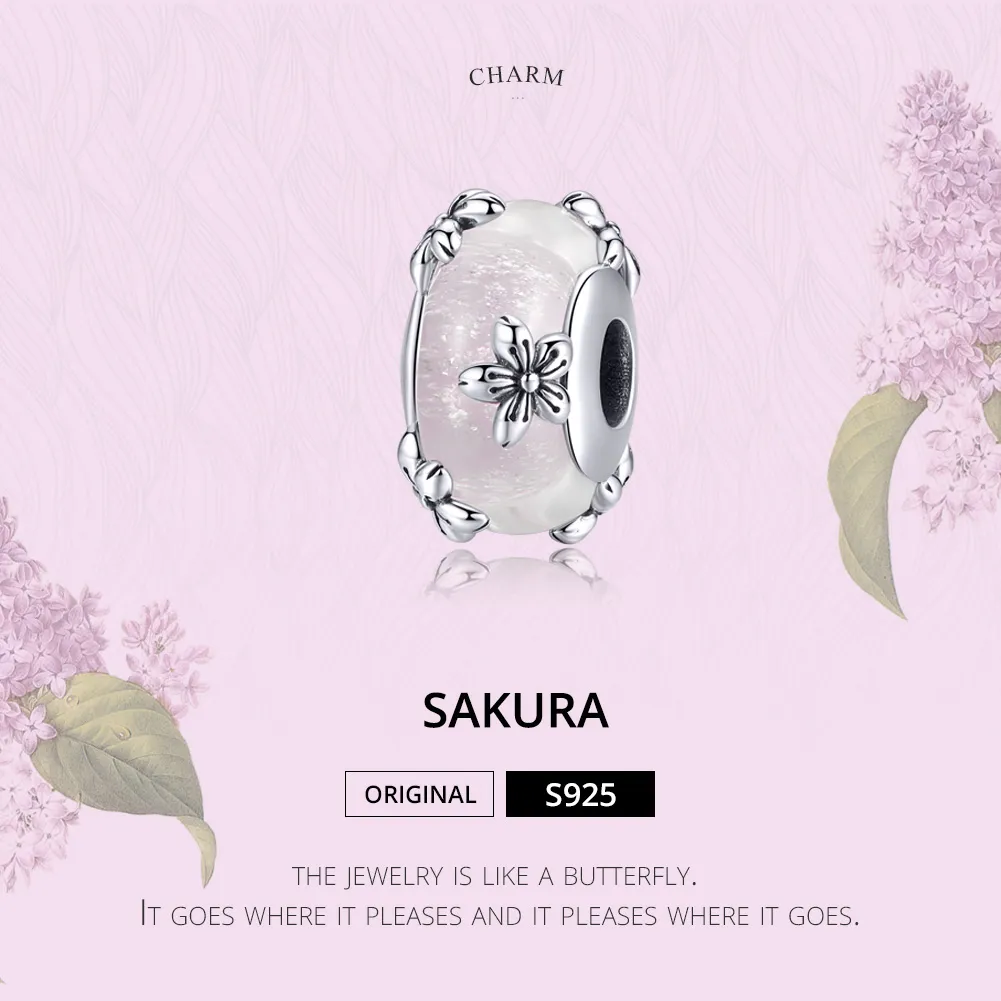 Silver Sakura Murano Glass Charm - PANDORA Style - SCC1302