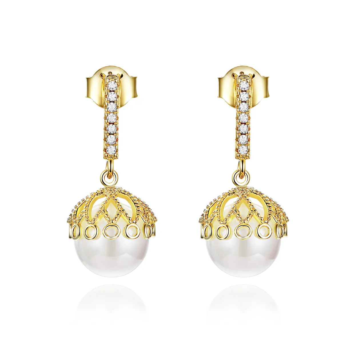 Gold-Plated Gentle Pearl Hanging Earrings - PANDORA Style - SCE608