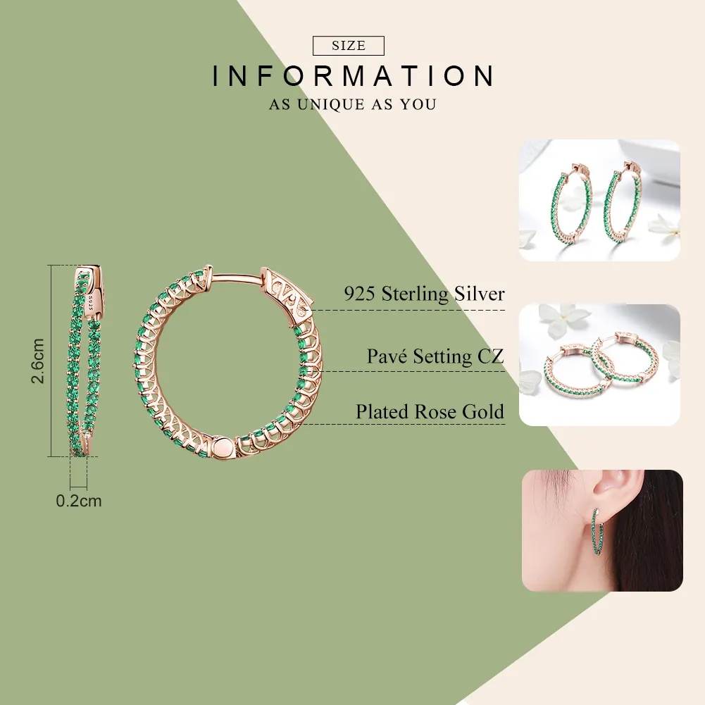 Rose Gold Green CZ Hoop Earrings - PANDORA Style - SCE511