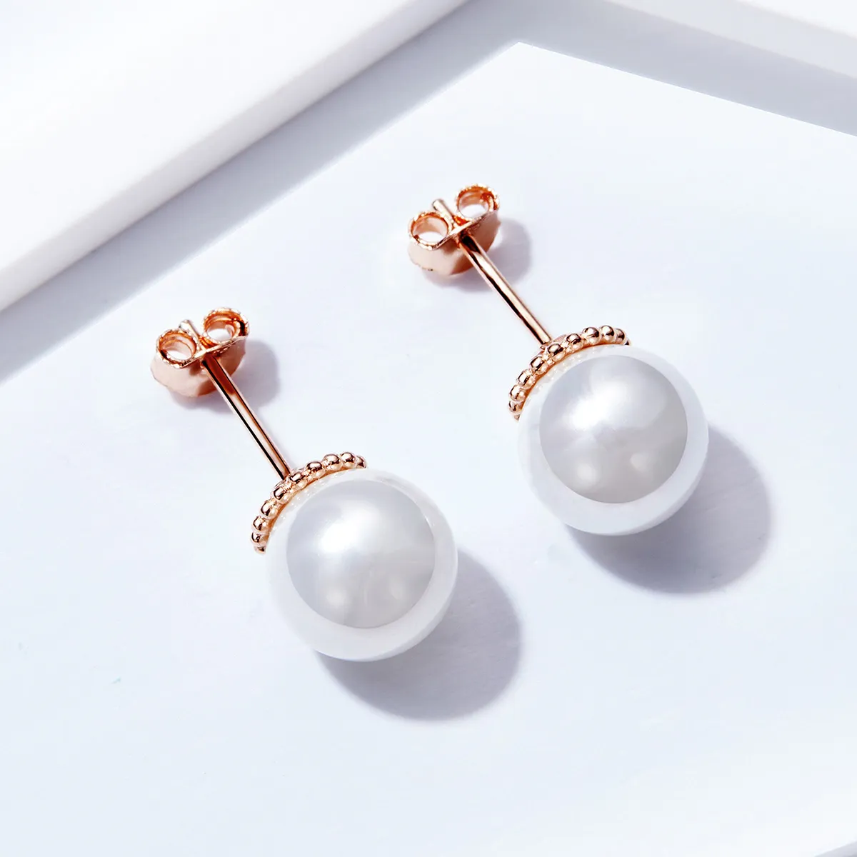 Rose Gold Pearl Stud Earrings - PANDORA Style - SCE609