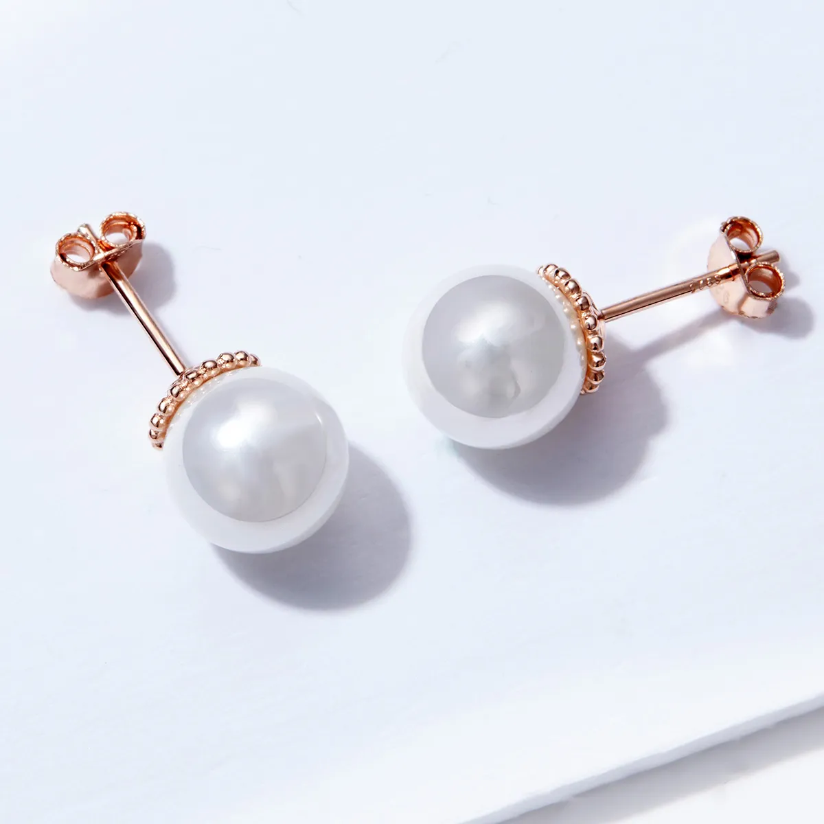 Rose Gold Pearl Stud Earrings - PANDORA Style - SCE609