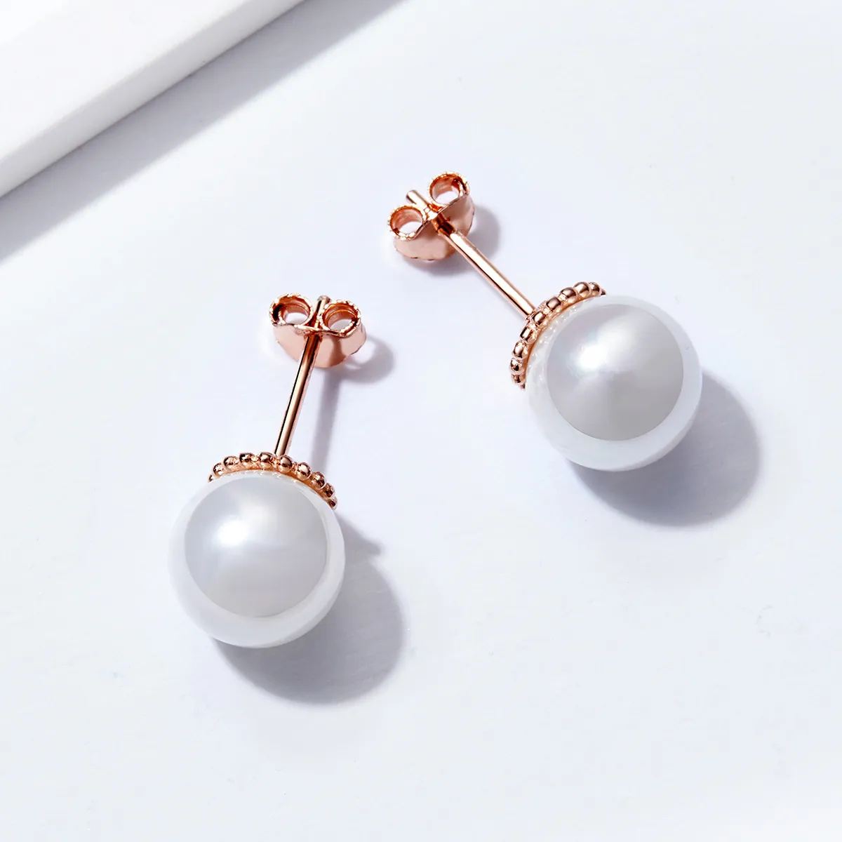 Rose Gold Pearl Stud Earrings - PANDORA Style - SCE609