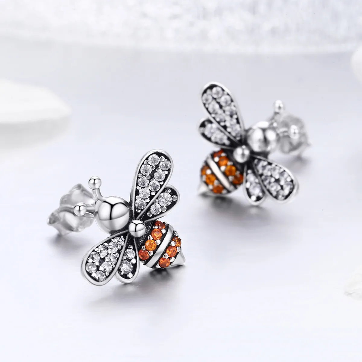 Silver Bee Story Stud Earrings - PANDORA Style - SCE344