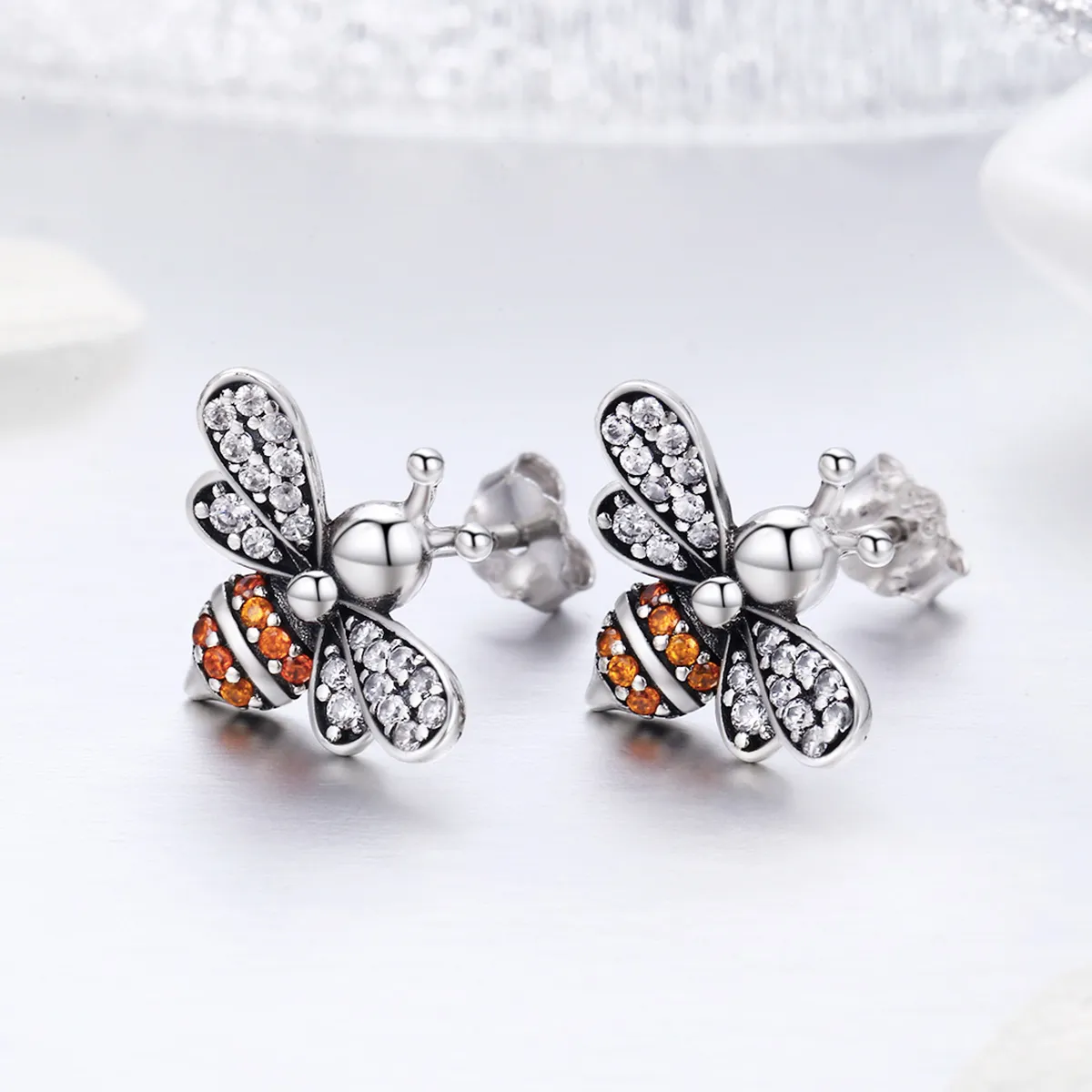 Silver Bee Story Stud Earrings - PANDORA Style - SCE344