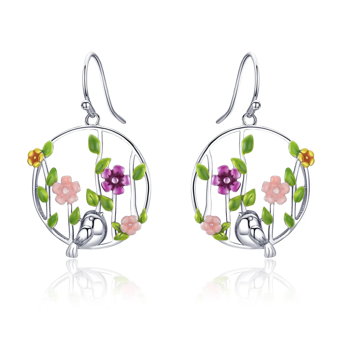 Silver Birds Blooms Hanging Earrings - PANDORA Style - SCE480