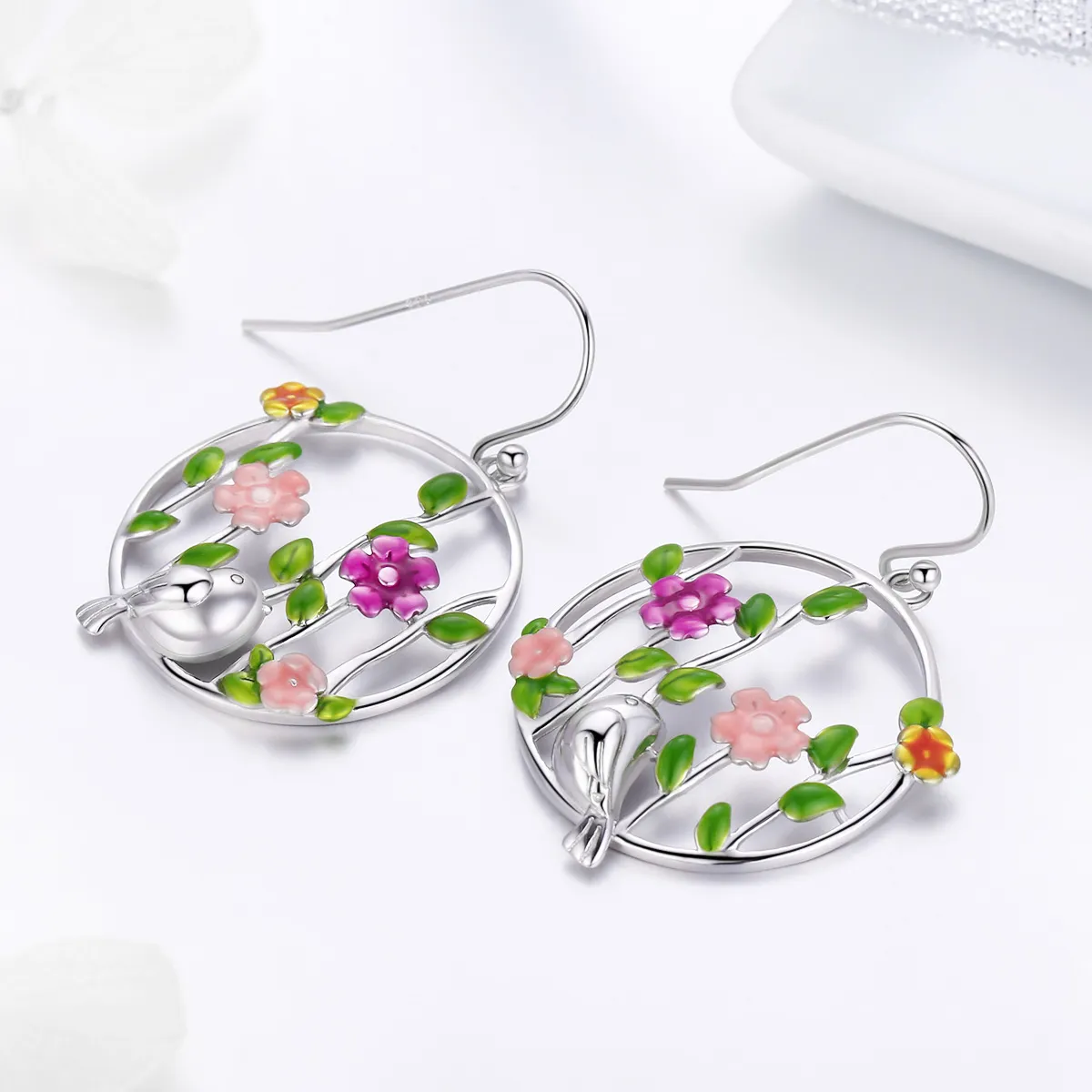 Silver Birds Blooms Hanging Earrings - PANDORA Style - SCE480