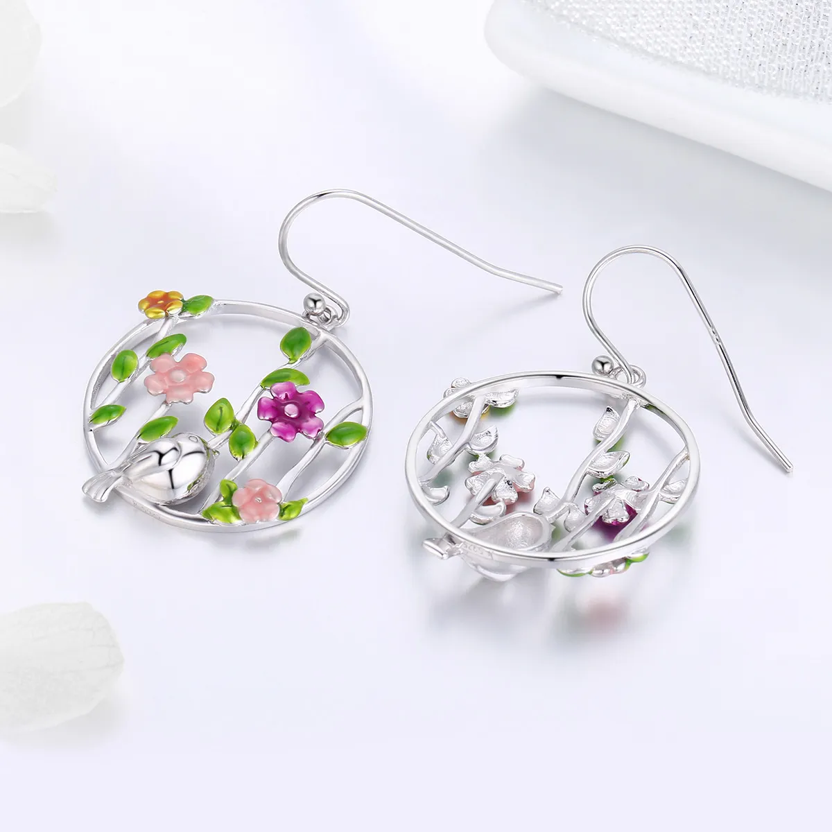 Silver Birds Blooms Hanging Earrings - PANDORA Style - SCE480