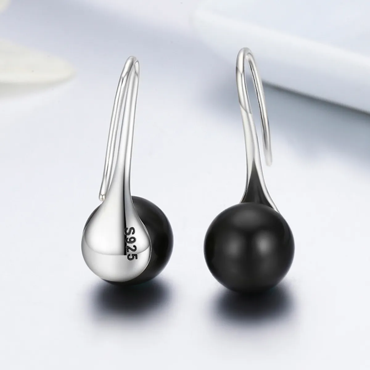 Silver Black Pearl Hanging Earrings - PANDORA Style - SCE144