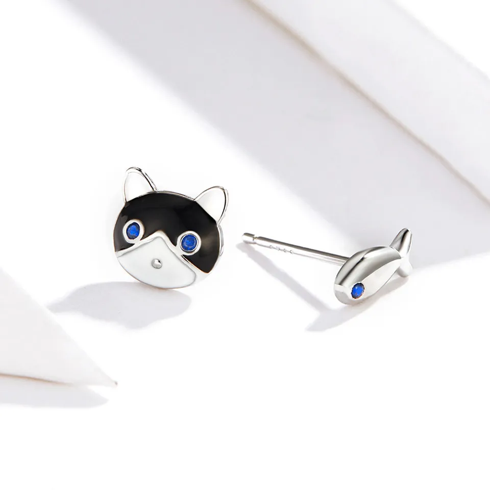 Silver Cat and Fish Stud Earrings - PANDORA Style - SCE623