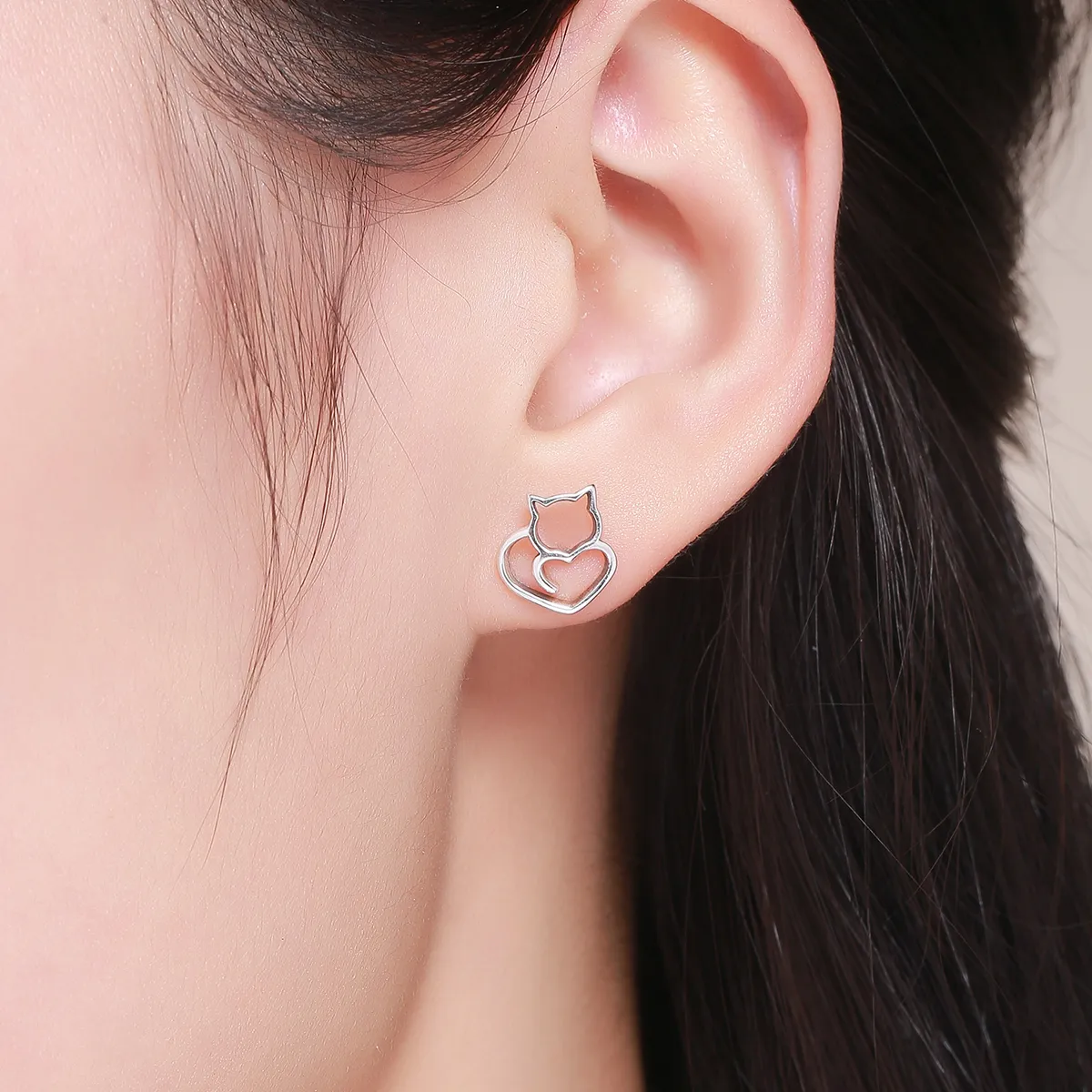 Silver Cute Cat Stud Earrings - PANDORA Style - SCE271