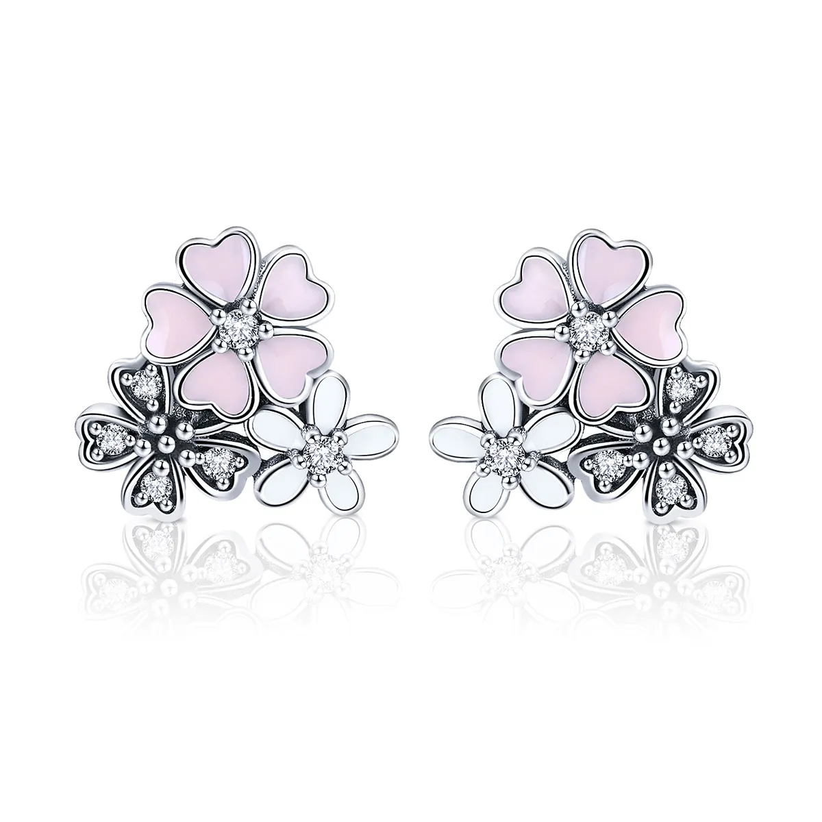 Silver Daisies and Cherry Blossoms Stud Earrings - PANDORA Style - SCE400