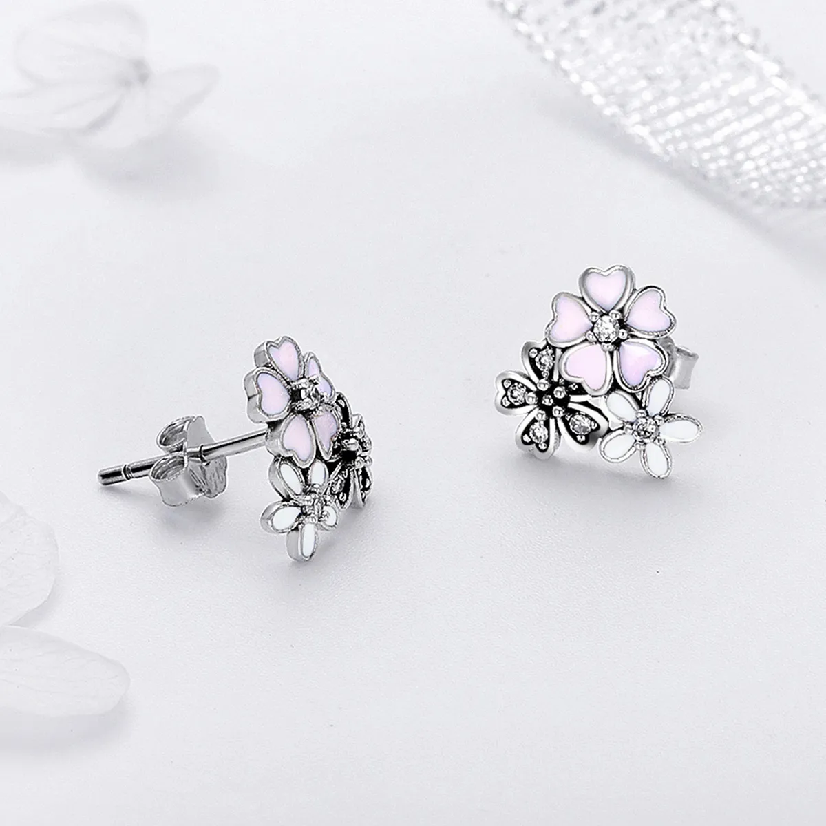 Silver Daisies and Cherry Blossoms Stud Earrings - PANDORA Style - SCE400