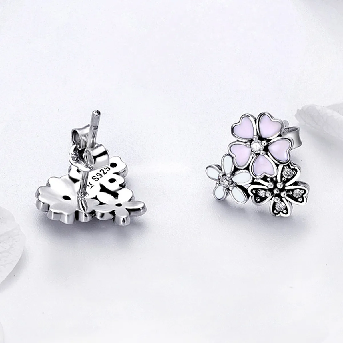 Silver Daisies and Cherry Blossoms Stud Earrings - PANDORA Style - SCE400