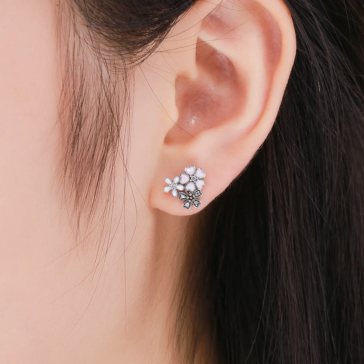 Silver Daisies and Cherry Blossoms Stud Earrings - PANDORA Style - SCE400