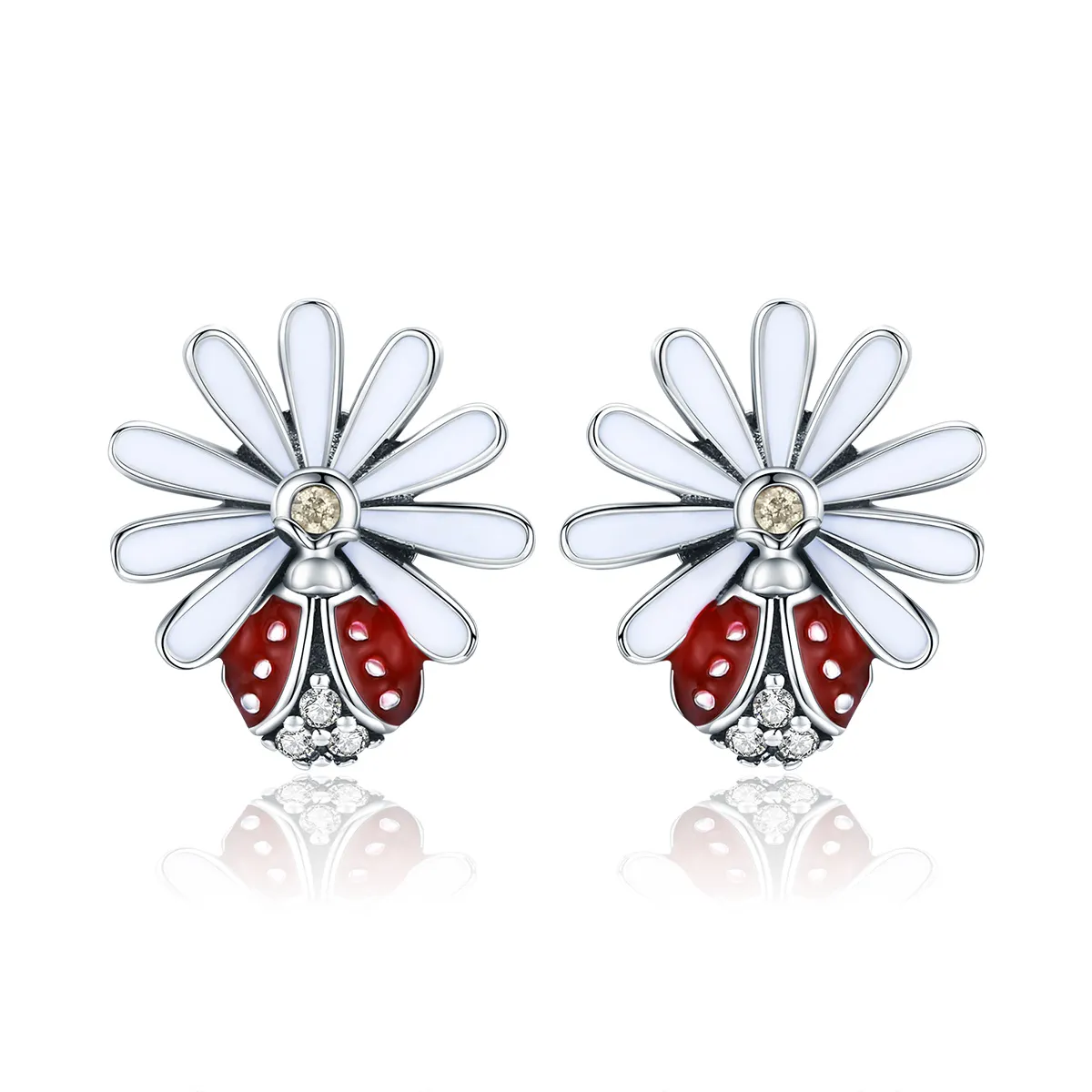 Silver Flower & Ladybug Stud Earrings - PANDORA Style - SCE459