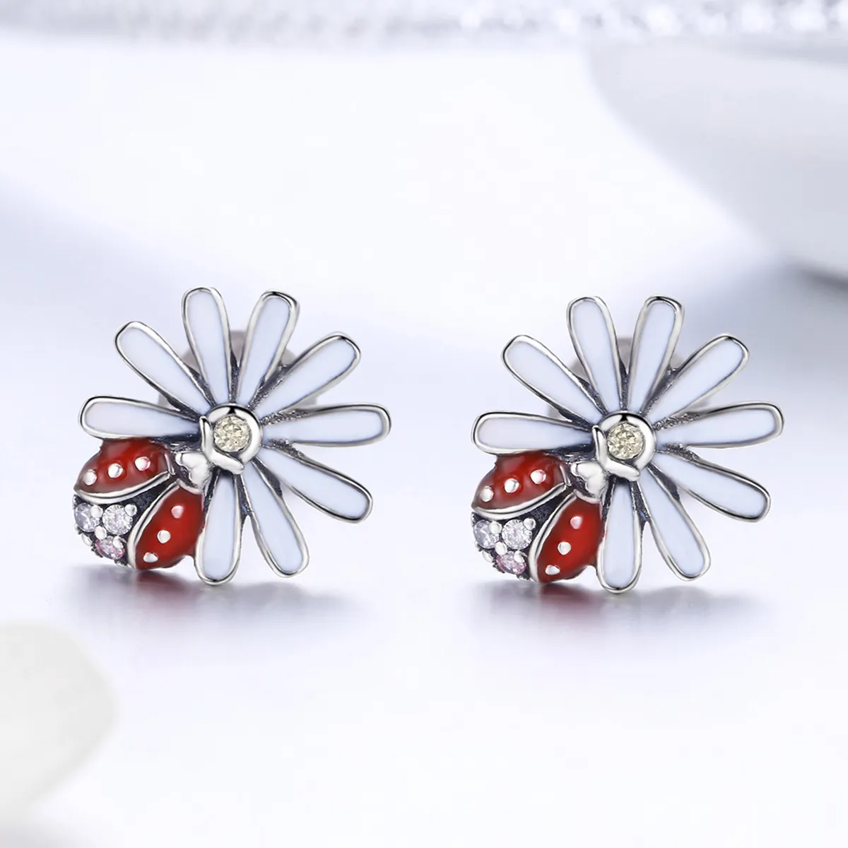 Silver Flower & Ladybug Stud Earrings - PANDORA Style - SCE459