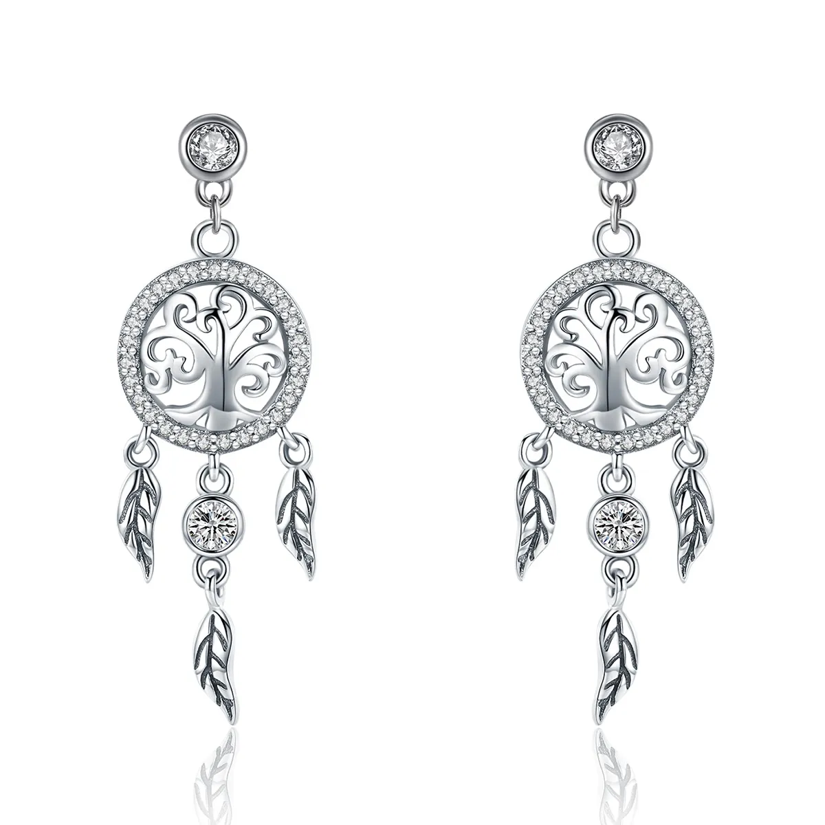 Silver Life Tree & Dream Catcher Hanging Earrings - PANDORA Style - SCE457